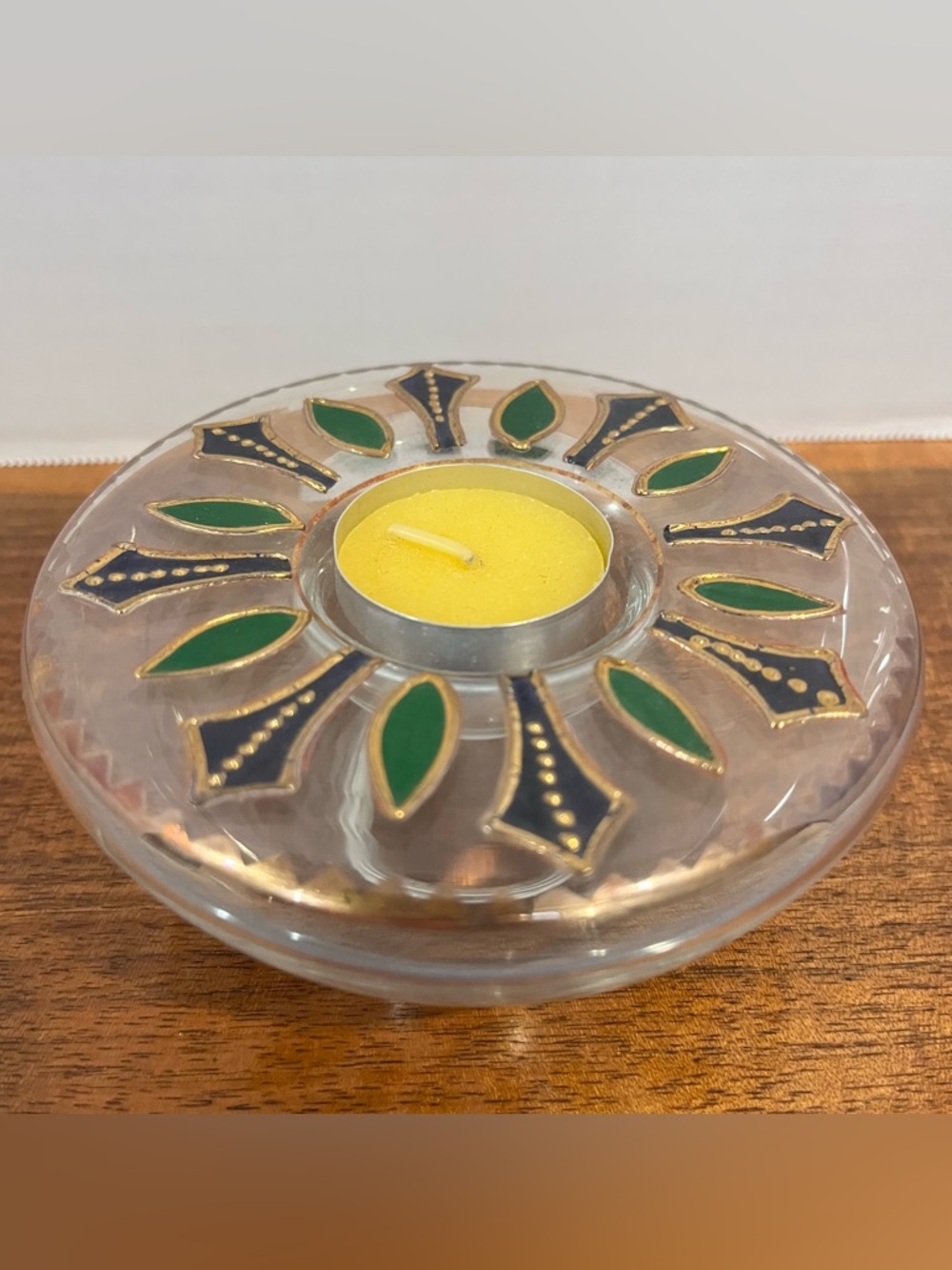 Mandala Style Glass Purple Green Gold Tealight Candle Holder